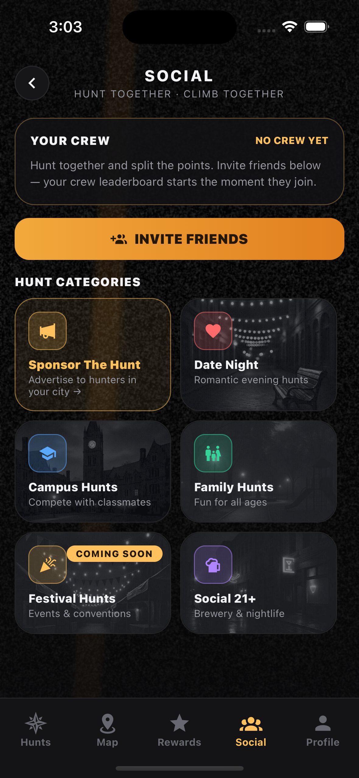 The Hunt app Social screen — Date Night, Campus, Family, Festival, and 21+ social hunts